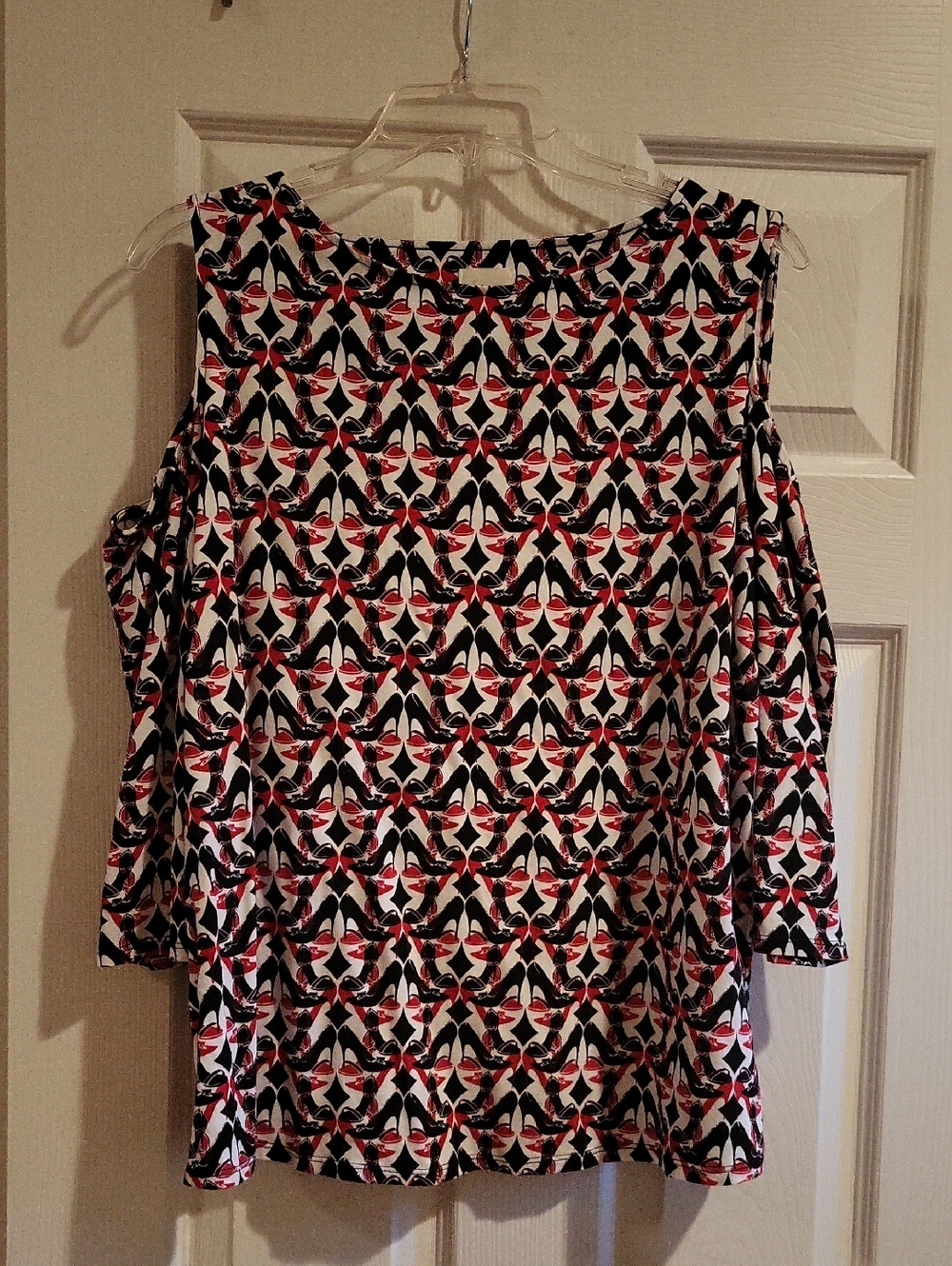 Chico's Cold-Shoulder Geometric Print Top in Black, White & Red